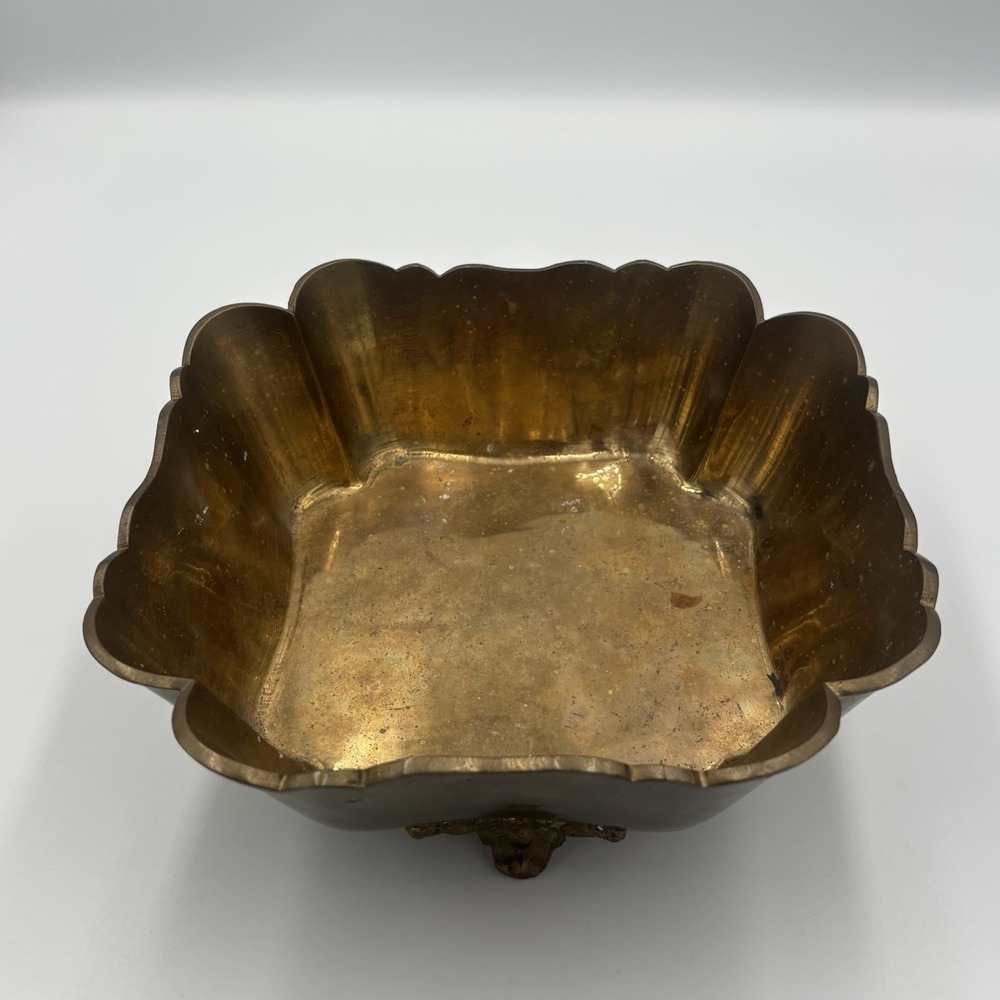 Vintage Art Deco Ornate Footed Solid Yellow Brass Square Ruffled Bowl - Picture 5 of 13
